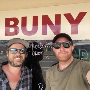 Hadyn and Darcy outside the Bunyip Hotel in Cavendish
