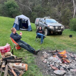 Hadyn and Darcy by the campfire near Dargo on a 4x4 trip