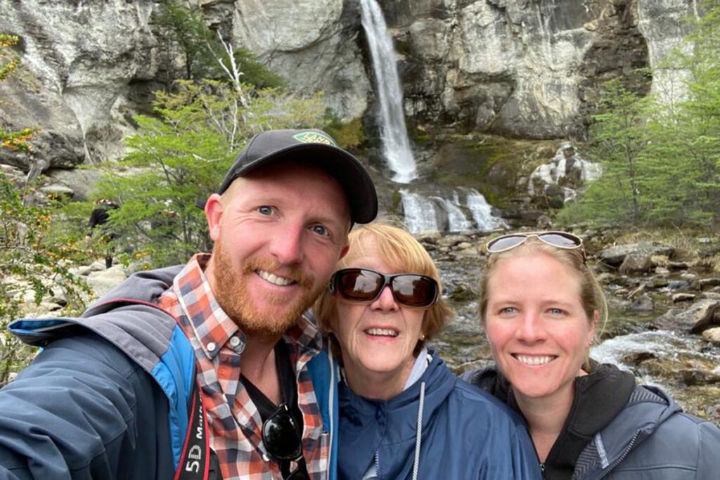 Darcy pictured with his mum Ginger and sister Kelly in Argentina
