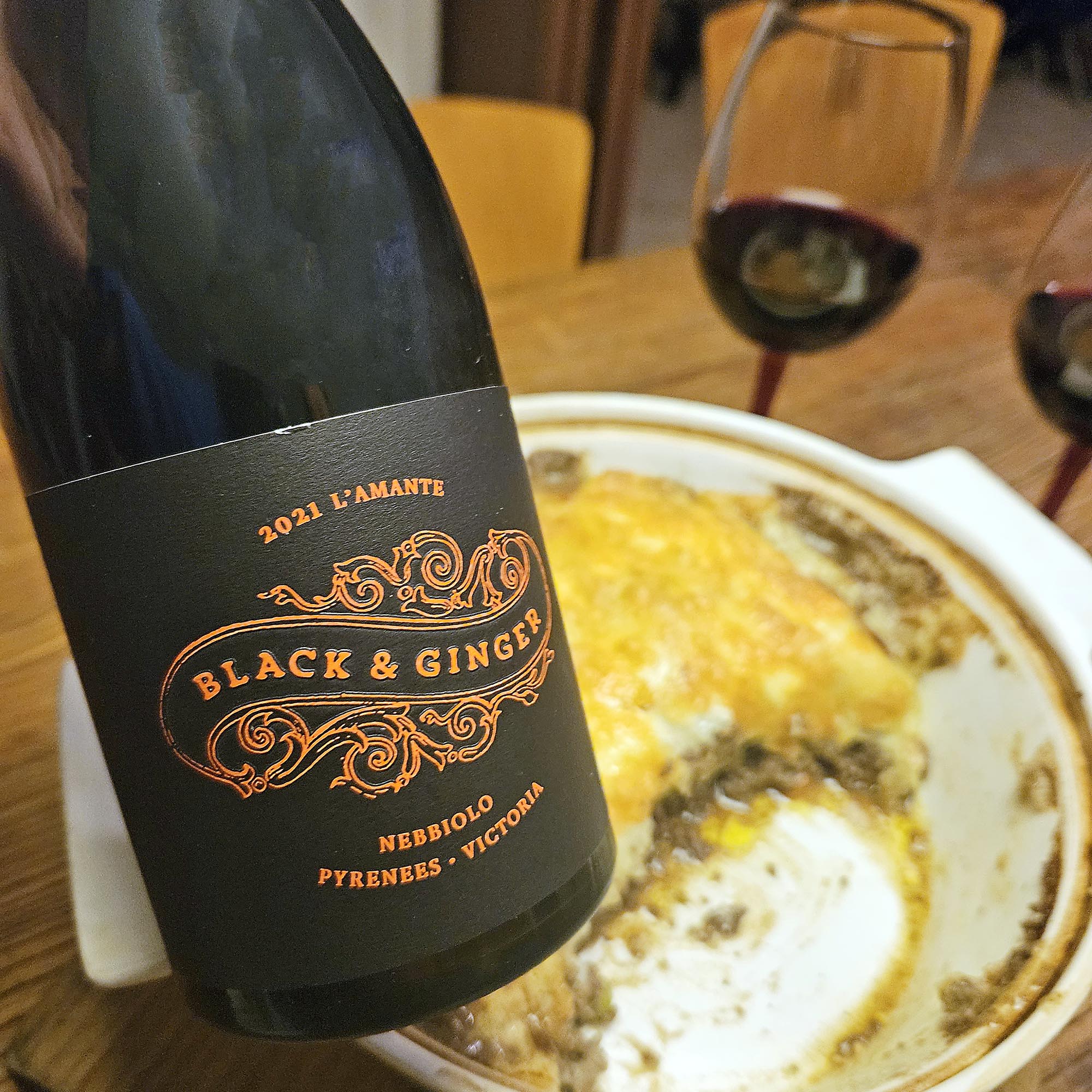 A bottle of B&G Nebbiolo with cottage pie in the background