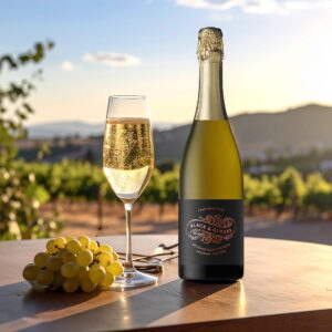 A bottle of Anastasia Cuvee with a glass poured and mountains in the background