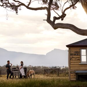 Hadyn and Lucy enjoying a sunset wine with their hounds and a mountain view